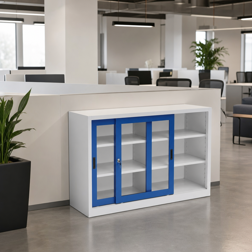 Low Steel Cabinet with Sliding Doors 1500mm Wide