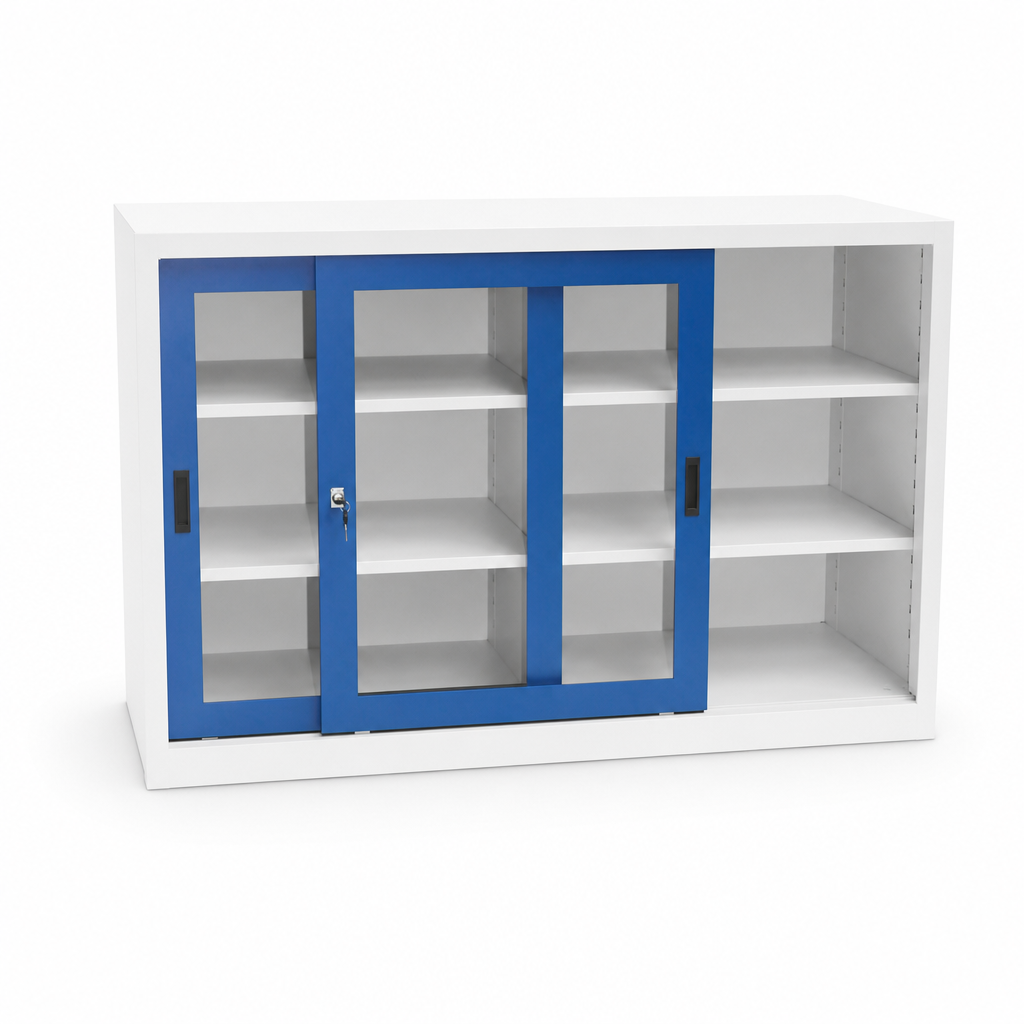 Low Steel Cabinet with Sliding Doors 1500mm Wide