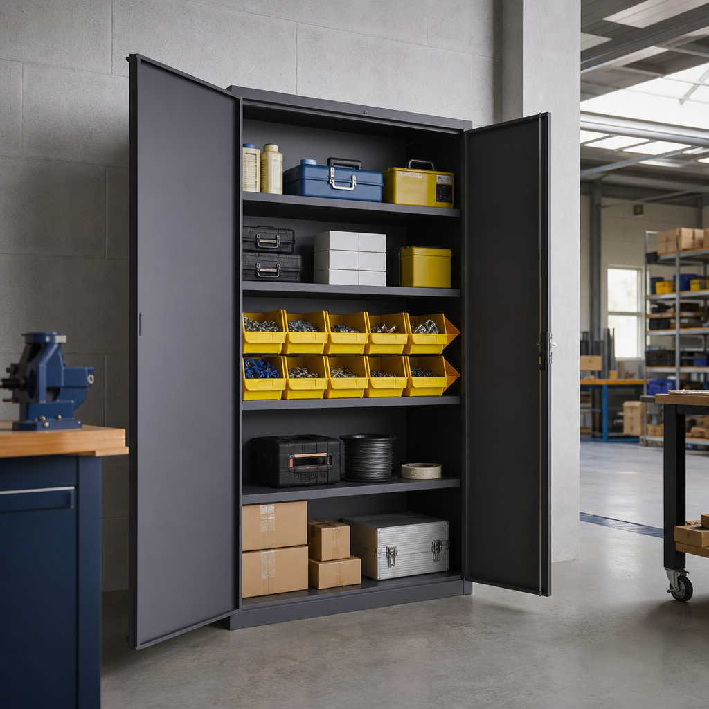 Low Steel Storage Cupboard with Picking Bins and Plain Doors
