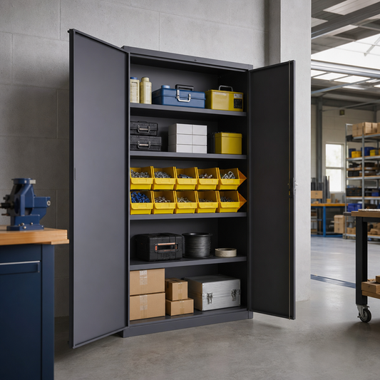 Low Steel Storage Cupboard with Picking Bins and Plain Doors