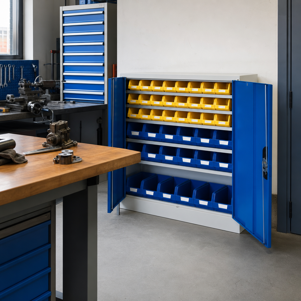 Low Steel Storage Cupboard with Picking Bins and Plain Doors