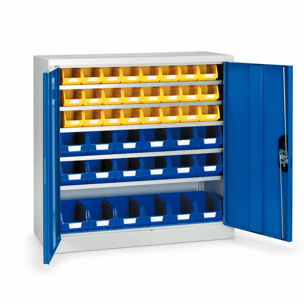 Low Steel Storage Cupboard with Picking Bins and Plain Doors