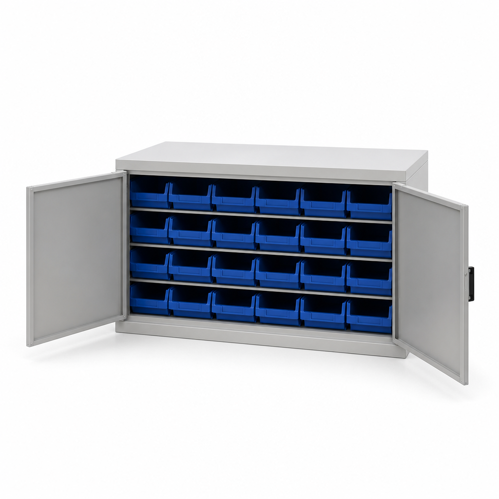 Low Steel Storage Cupboard with Picking Bins and Plain Doors