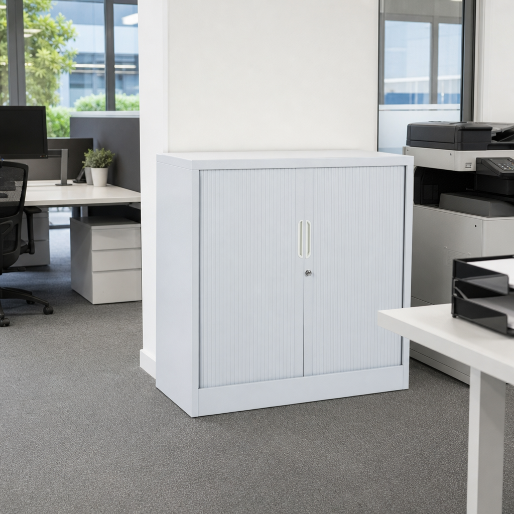 Low Steel Tambour Cupboard 950x900x450mm – Light Grey