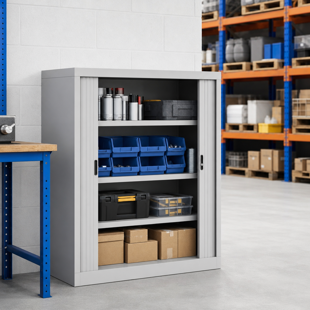 Low Steel Tambour Cupboard 950x900x450mm – Light Grey