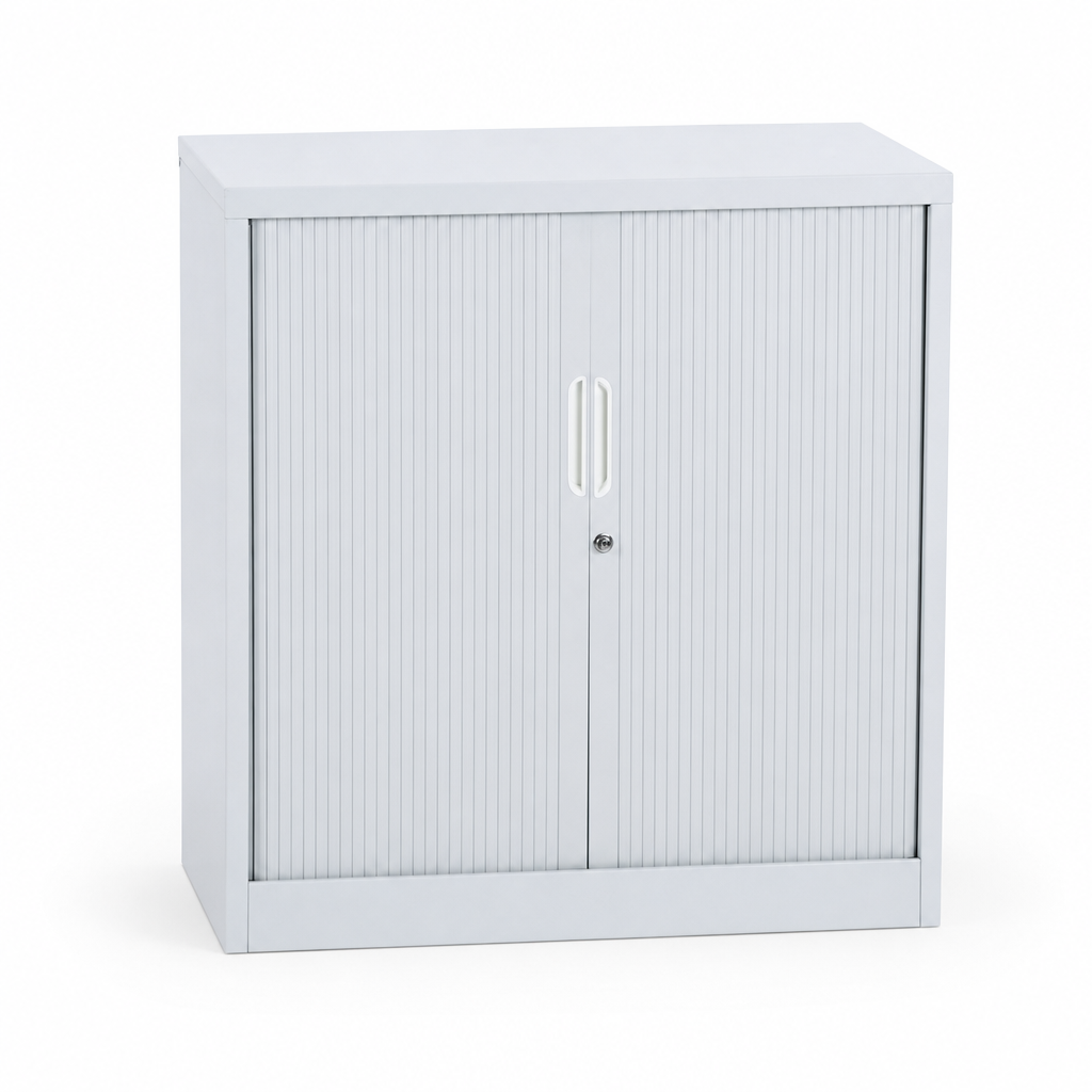 Low Steel Tambour Cupboard 950x900x450mm – Light Grey