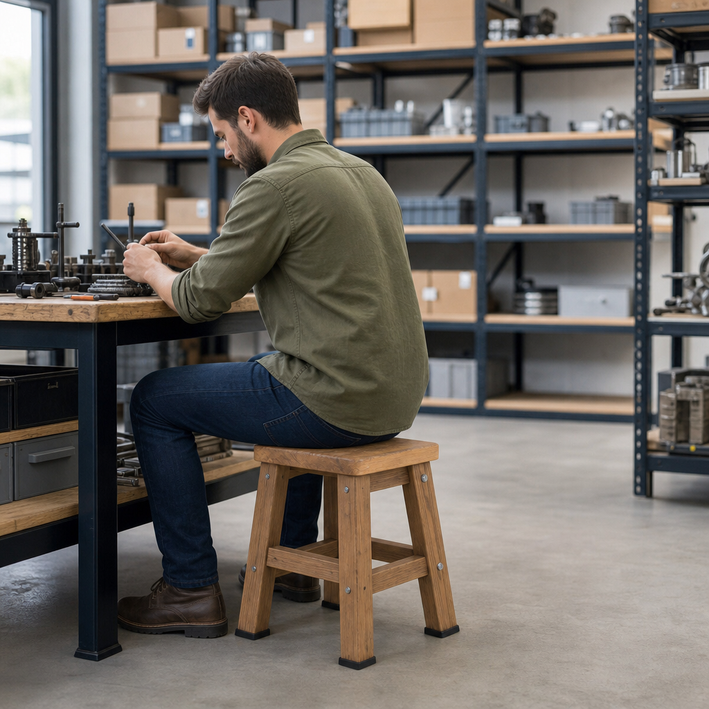 Low Wooden Workshop Stool with Fixed Feet