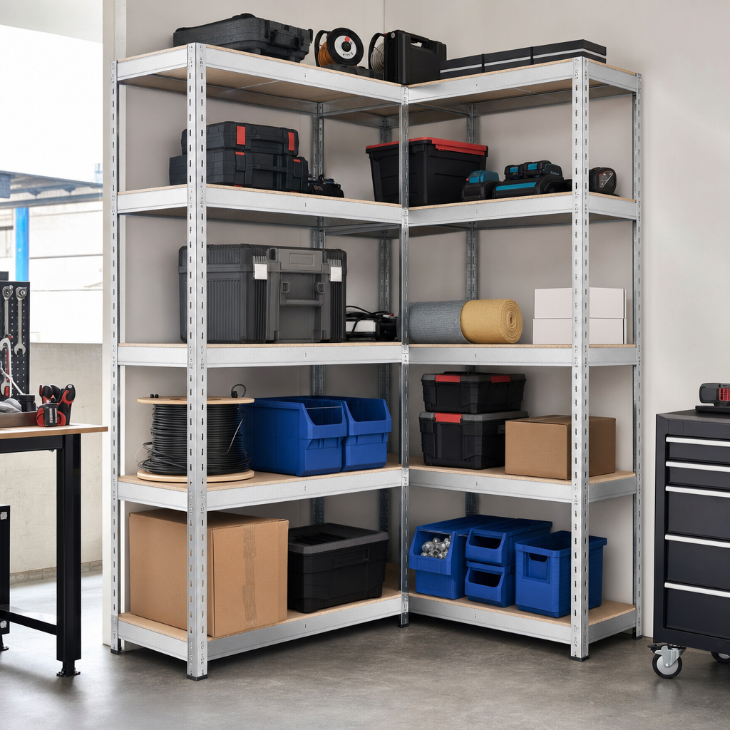 Medium Duty Corner Shelving Bay with 6 Chipboard Shelves