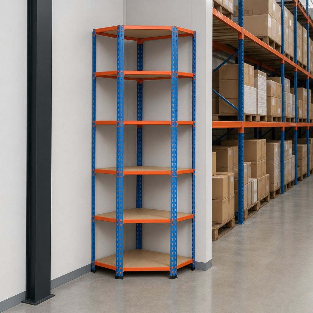 Medium Duty Corner Shelving Bay with 6 Chipboard Shelves