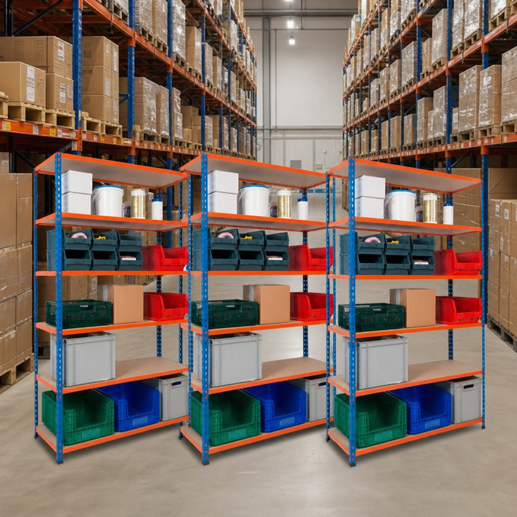Medium Duty Shelving Bays with Chipboard Shelves, 3 Bay Set