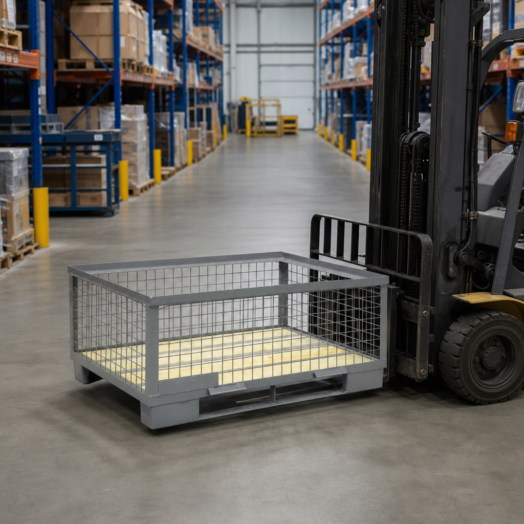 Mesh Cage Stillage with Forklift Runners and Timber Base