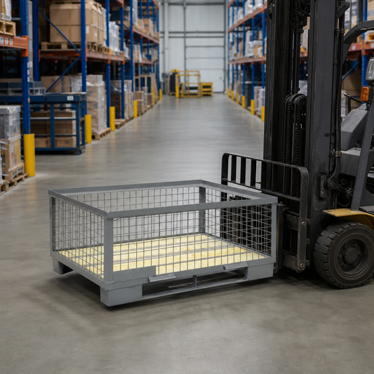 Mesh Cage Stillage with Forklift Runners and Timber Base