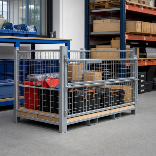 Mesh Cage Stillage with Forklift Runners and Timber Base