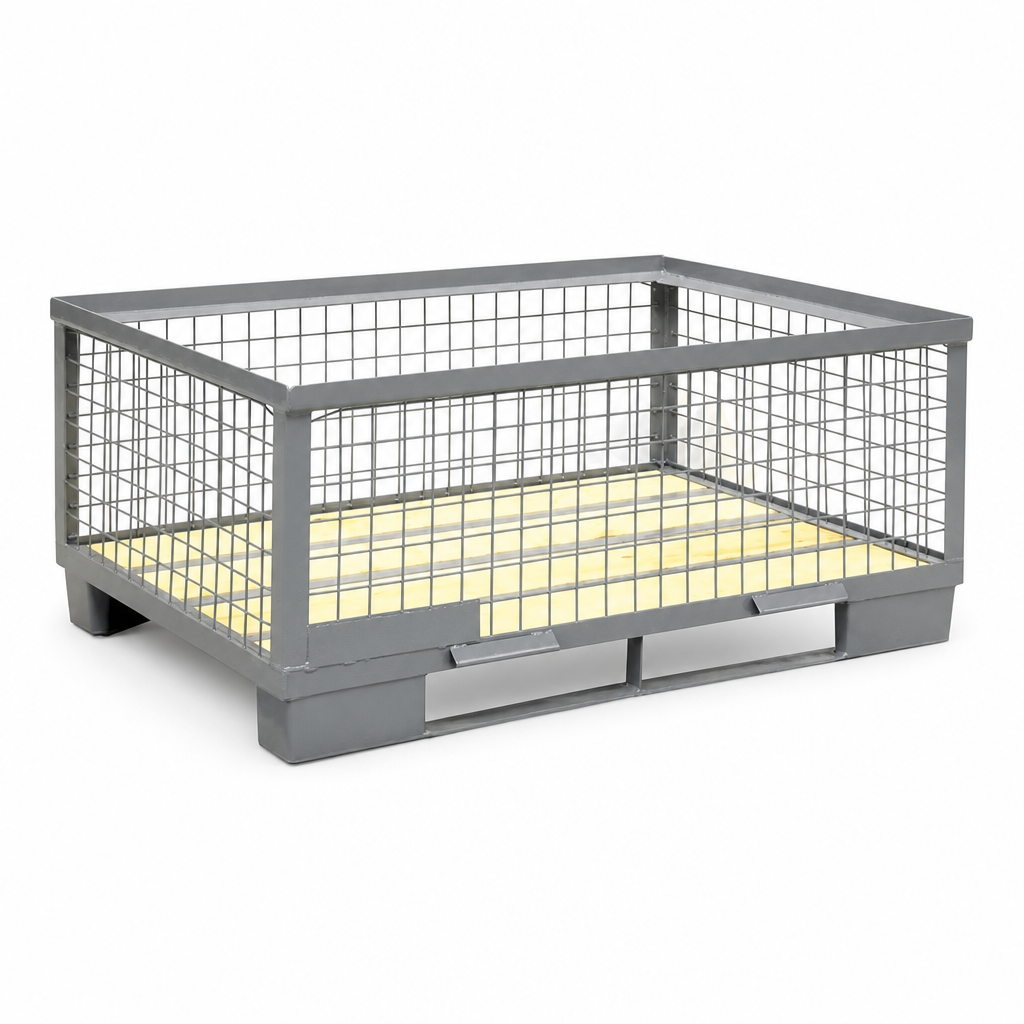 Mesh Cage Stillage with Forklift Runners and Timber Base