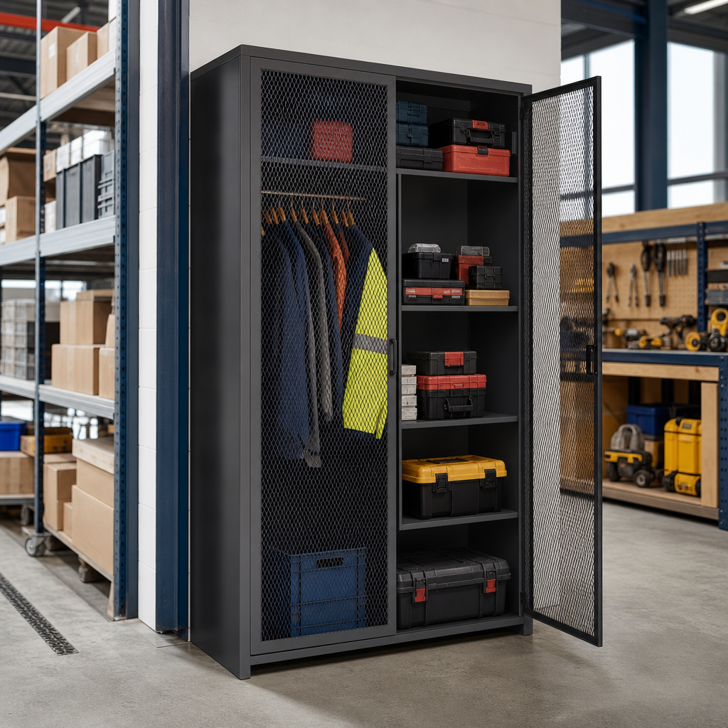 Mesh Door Steel Cabinet with Shelves and Hanging Rail