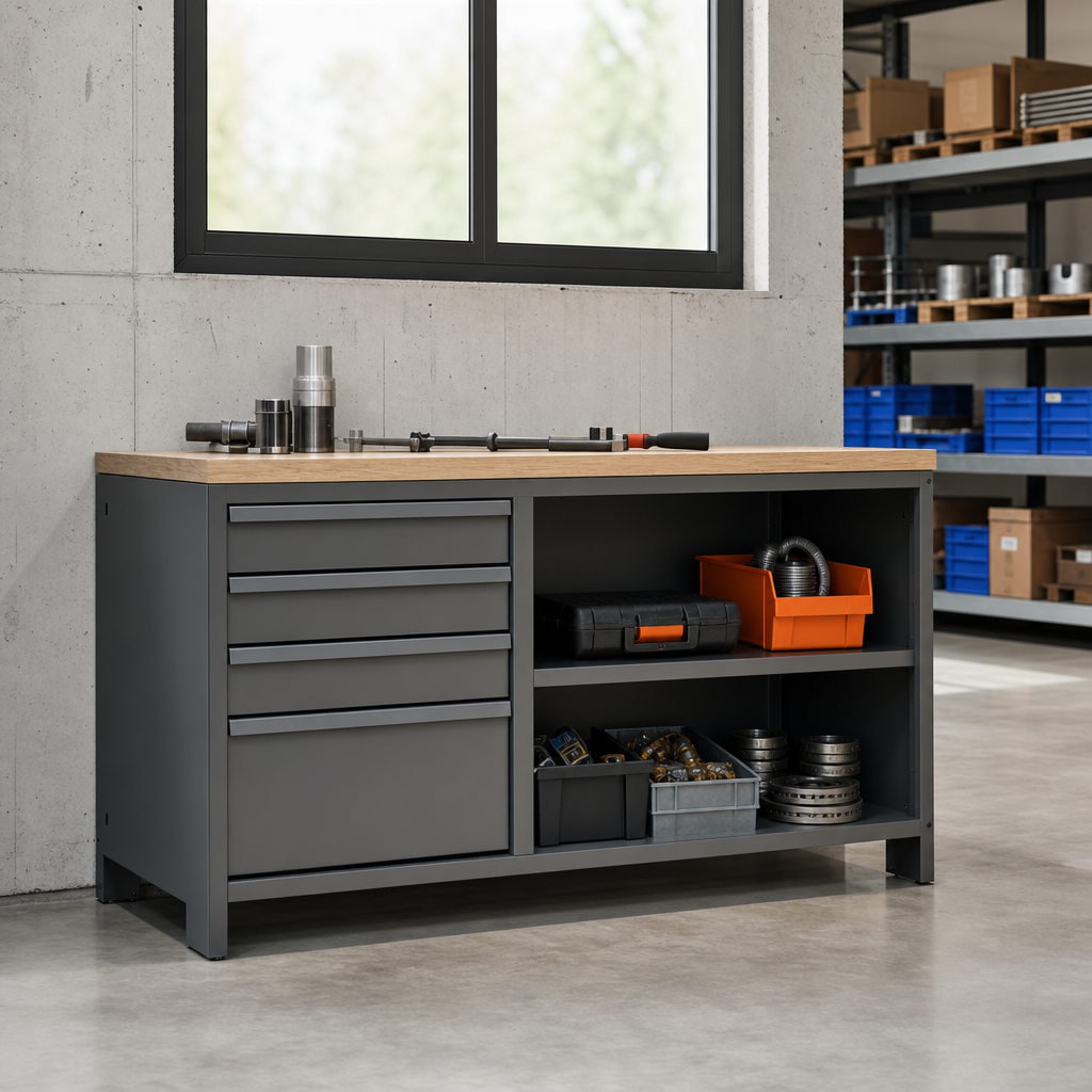 Metal Low Workshop Cabinet with Shelves and Drawers