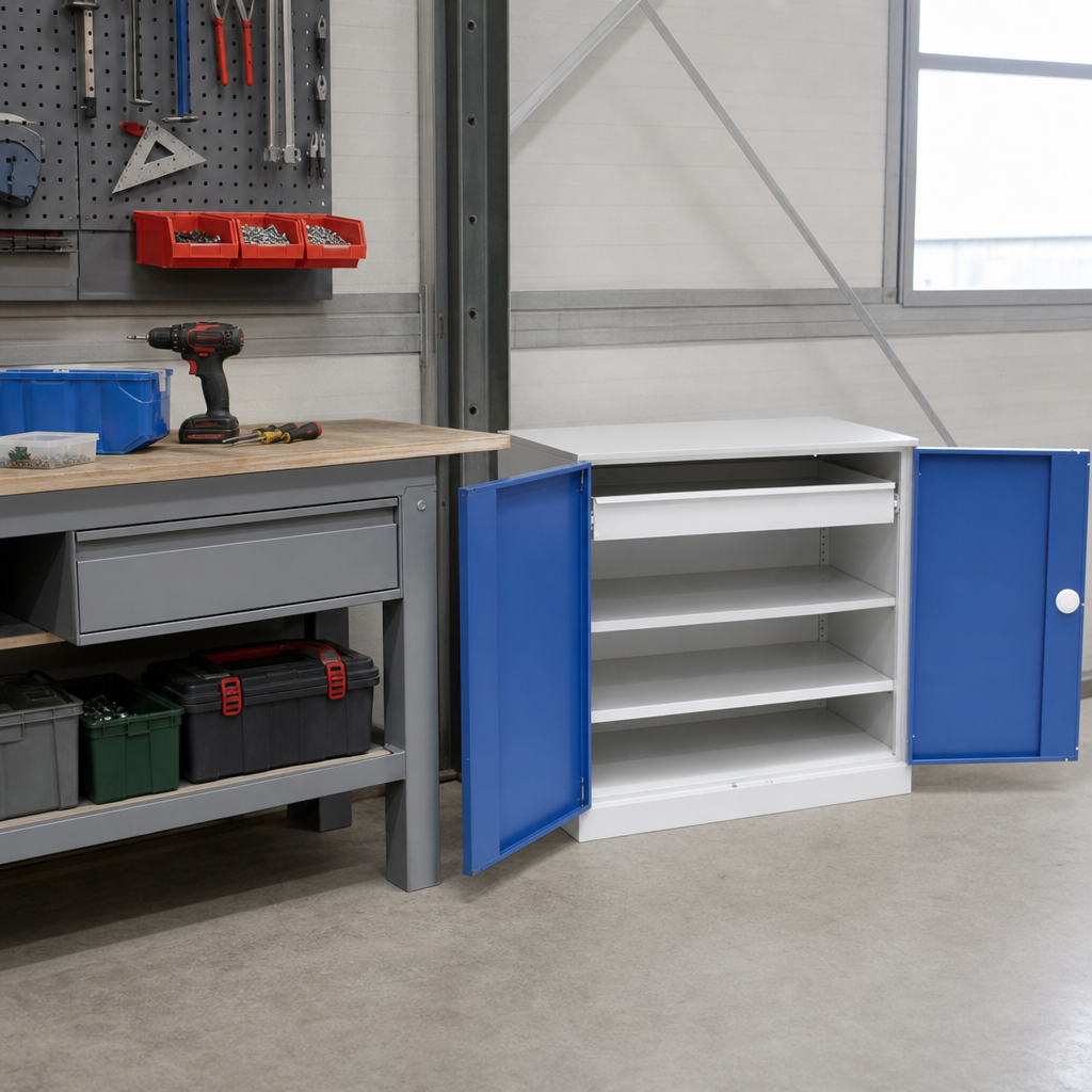 Metal Low Workshop Cabinet with Shelves and Drawers