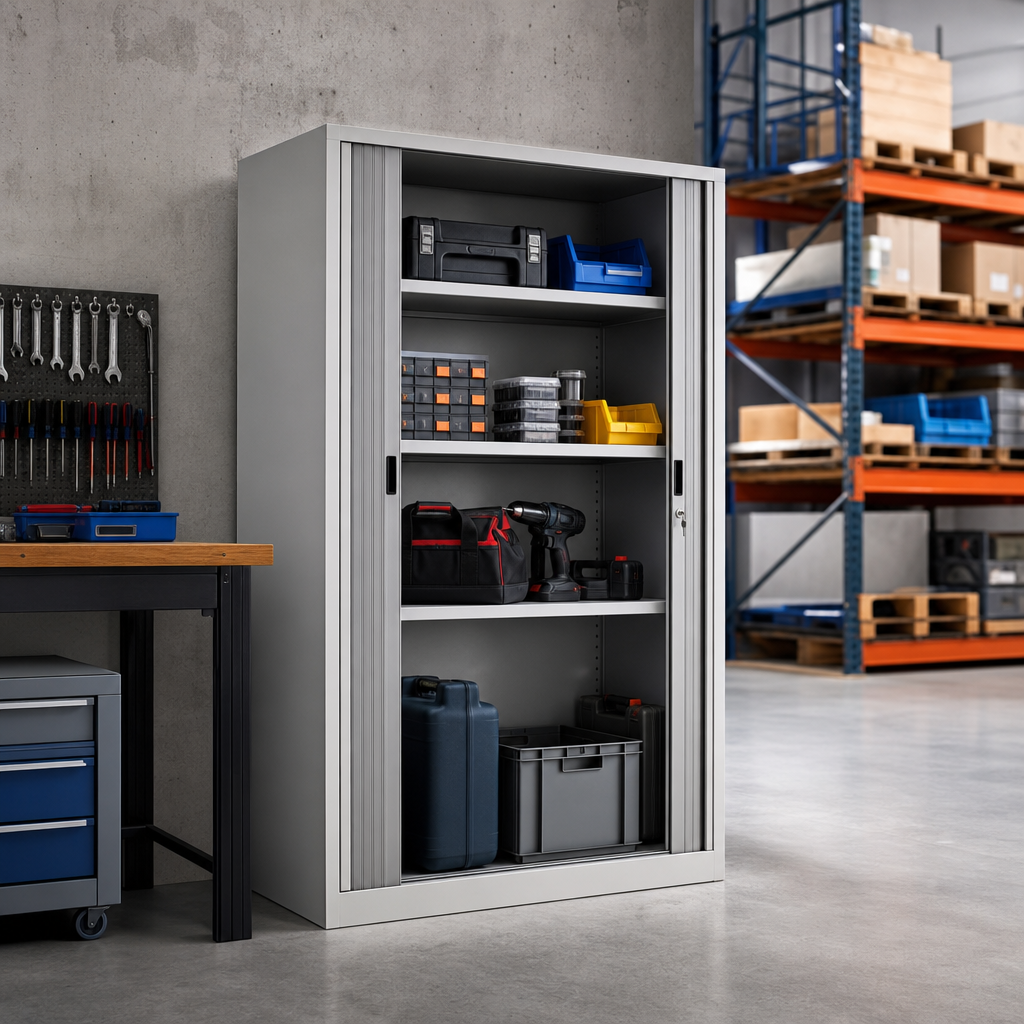 Metal Tambour Door Cupboard with 2 Shelves 1050 x 1200mm