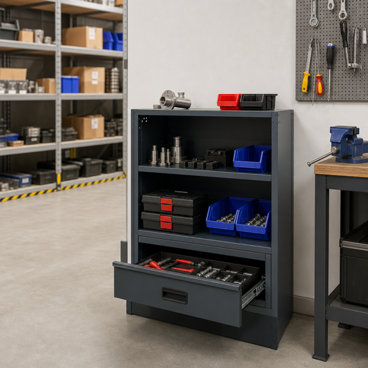 Metal Workshop Tool Storage Cabinet with Shelves and Drawer