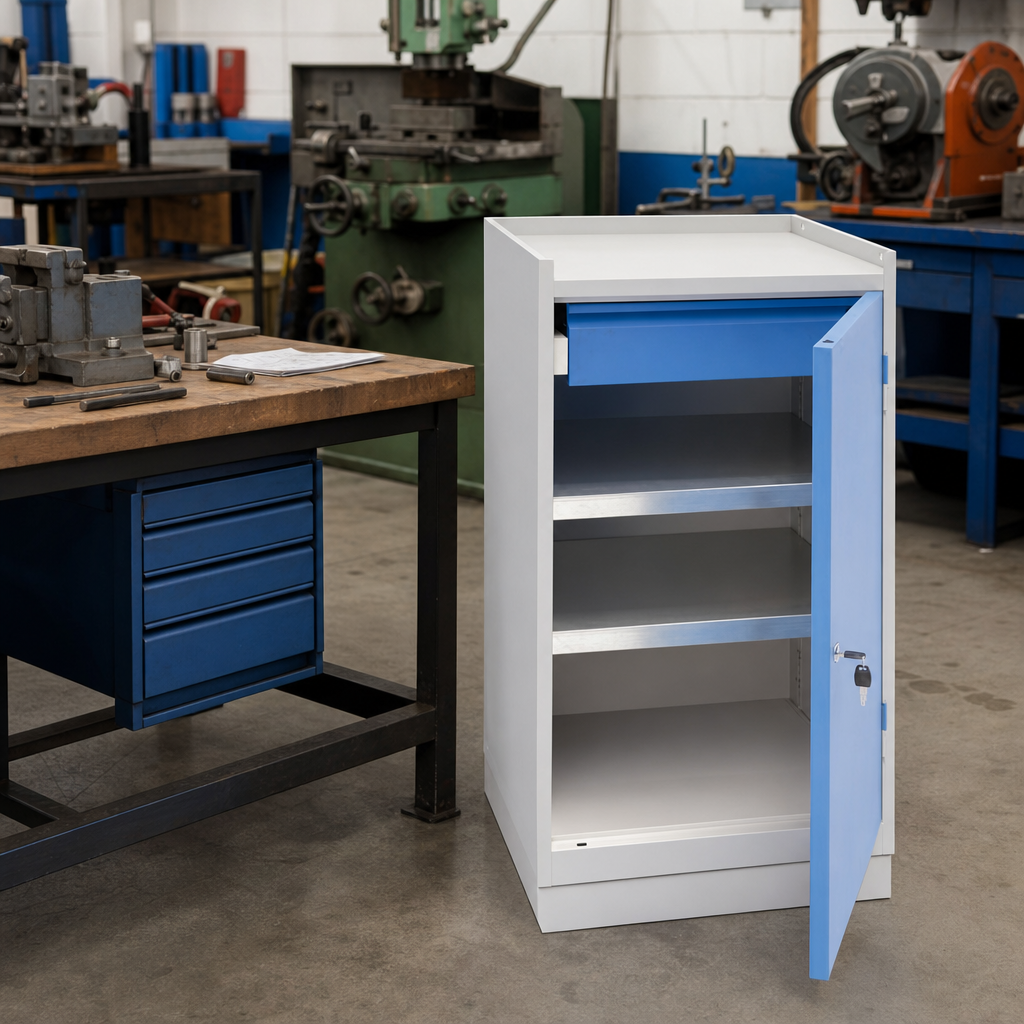 Metal Workshop Tool Storage Cabinet with Shelves and Drawer