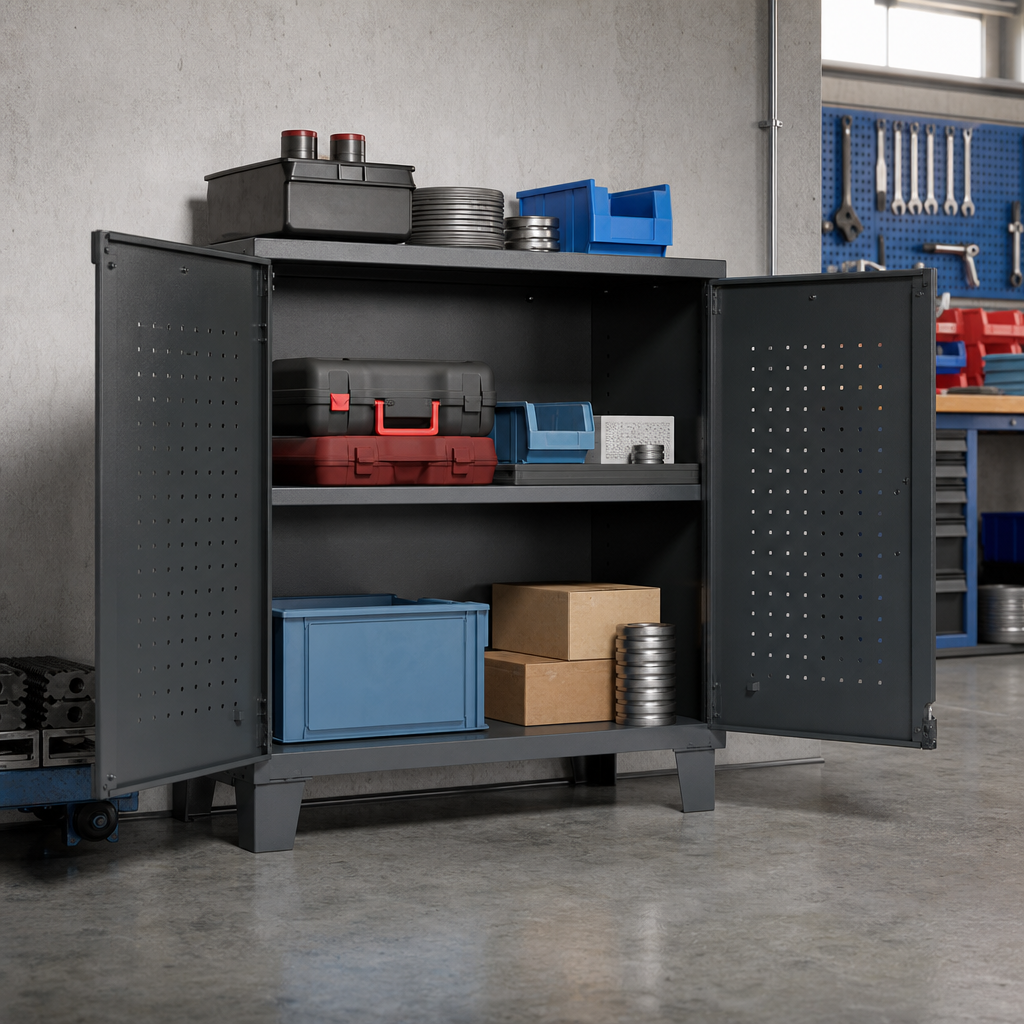 Metal Workshop Tool Storage Cabinet with Shelves and Feet