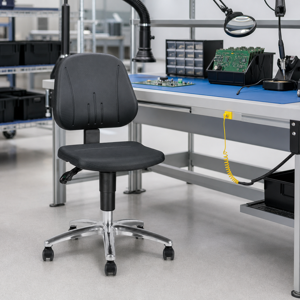 Mobile Ergonomic ESD Workshop Chair on Castors
