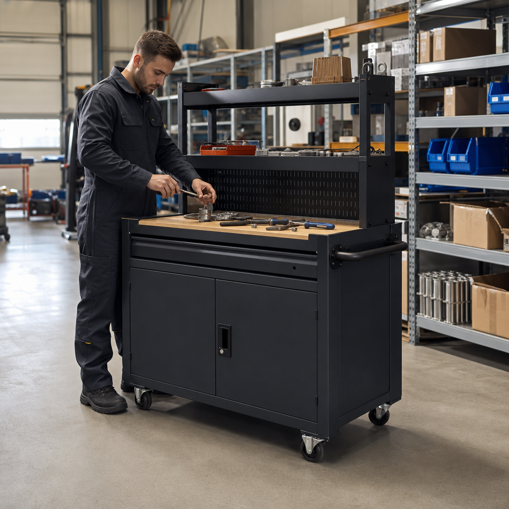 Mobile Maintenance Trolley with Cupboard and Worktop Shelf