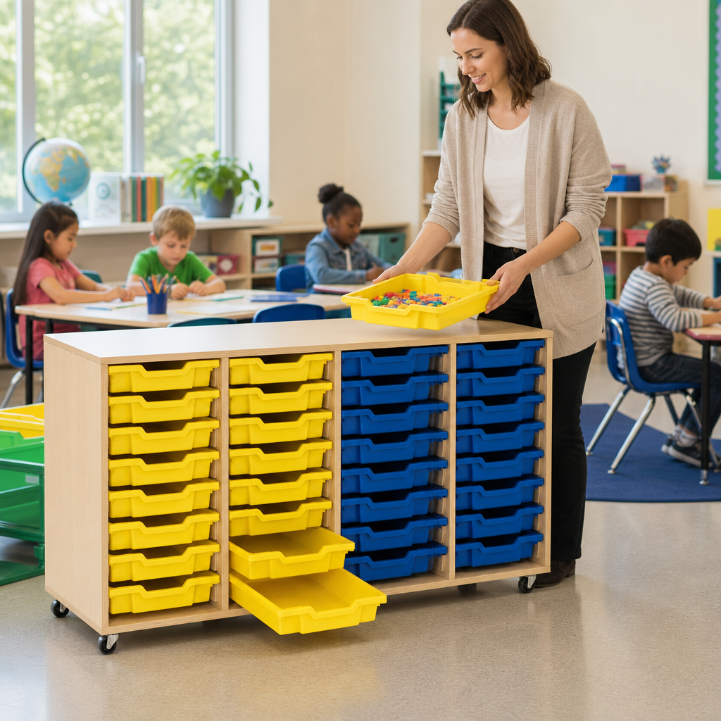 Mobile Melamine Tray Storage Unit with 32 Shallow Trays