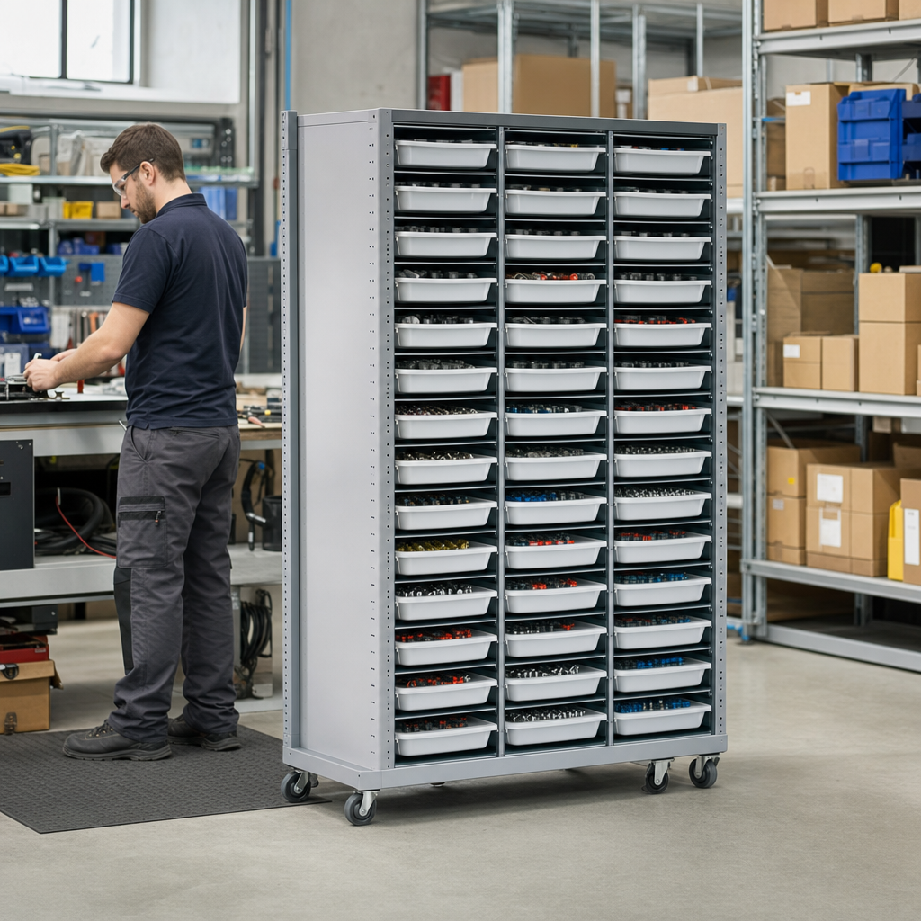 Mobile Melamine Tray Storage Unit with 32 Shallow Trays
