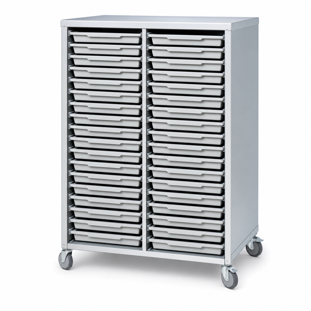 Mobile Melamine Tray Storage Unit with 32 Shallow Trays