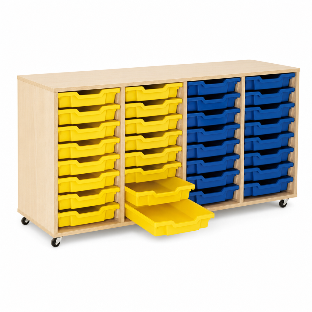 Mobile Melamine Tray Storage Unit with 32 Shallow Trays