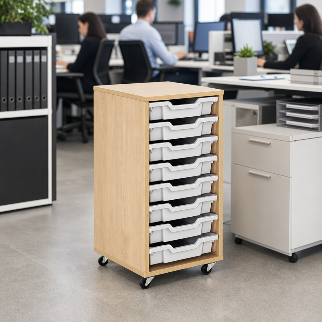 Mobile Melamine Tray Storage Unit with 8 Shallow Trays