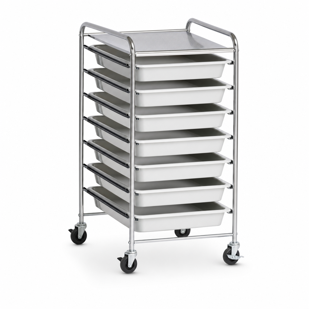 Mobile Melamine Tray Storage Unit with 8 Shallow Trays
