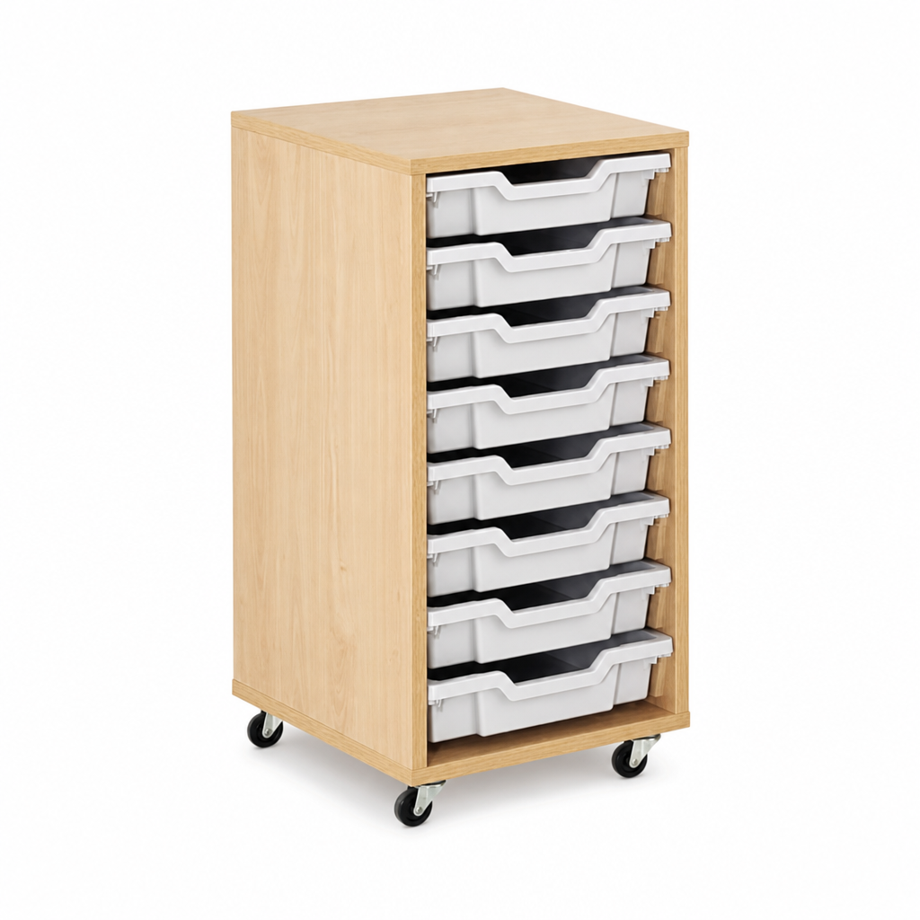 Mobile Melamine Tray Storage Unit with 8 Shallow Trays