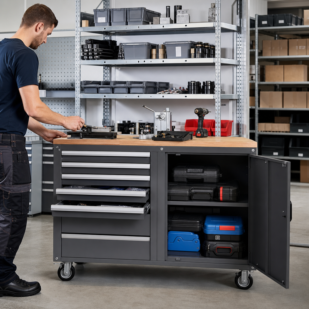 Mobile Metal Drawer and Cupboard Workstation 980 x 1050mm