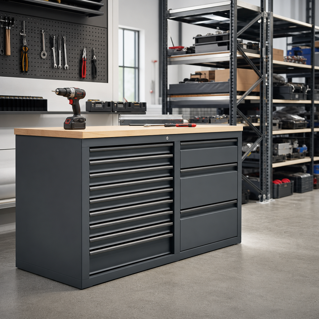 Mobile Multi-Drawer Tool Storage Cabinet with Worktop