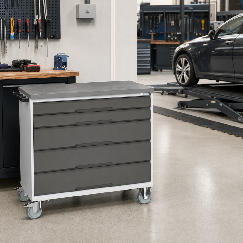 Mobile Multi-Drawer Tool Storage Cabinet with Worktop