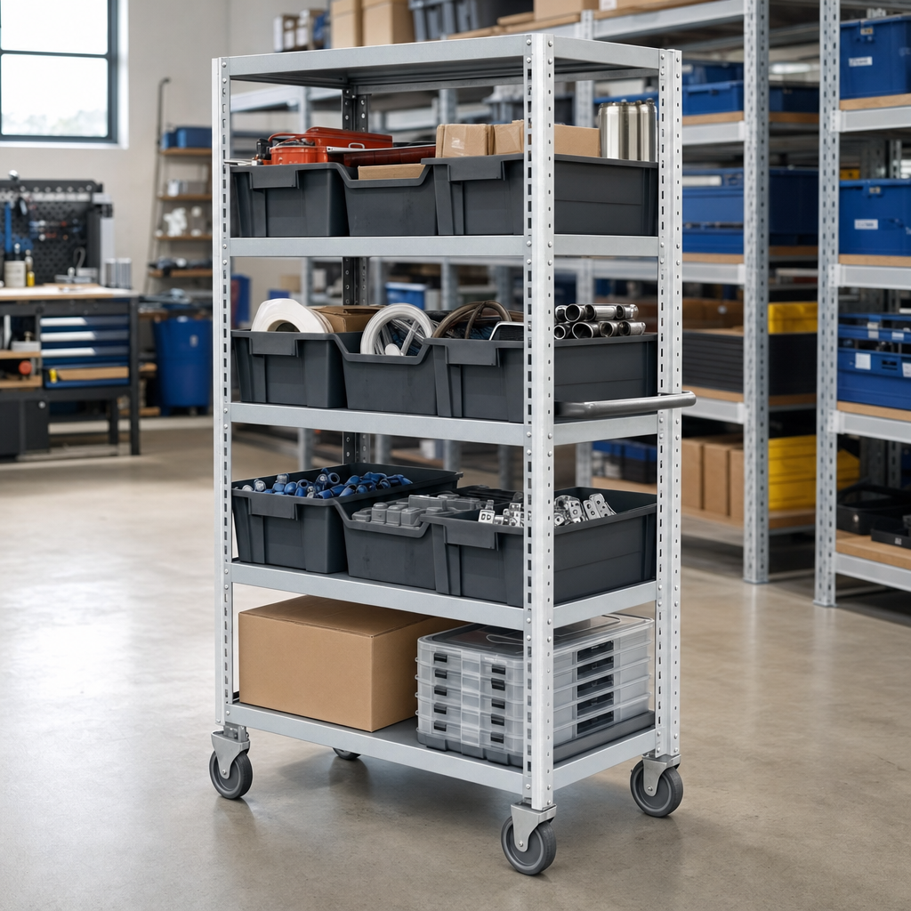 Mobile Shelving Trolley with 4 Storage Bin Shelves, 1700mm High