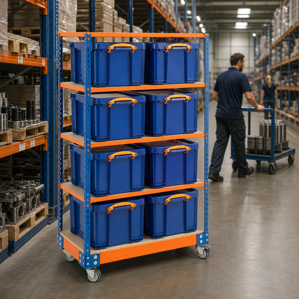 Mobile Shelving Trolley with 4 Storage Bin Shelves, 1700mm High