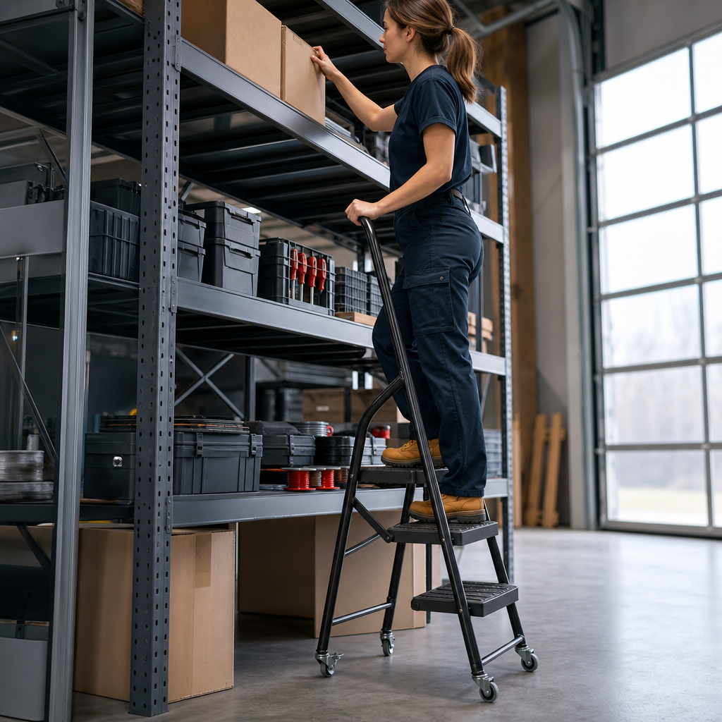 Mobile Steel Kick Step Stools with Anti-Slip Tread
