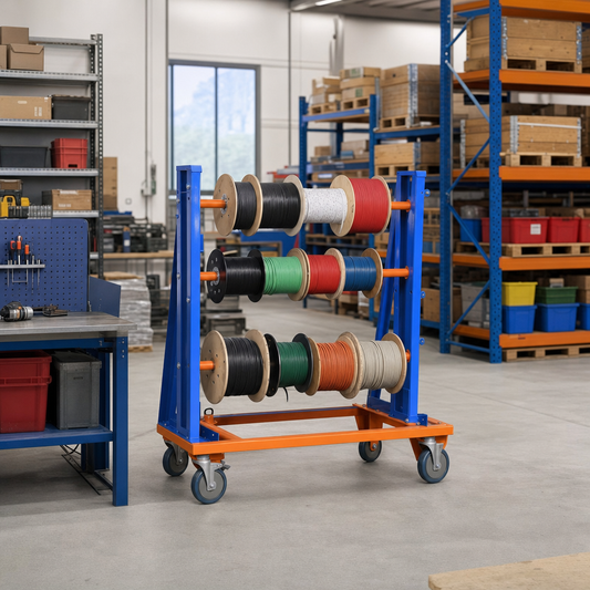 Mobile Steel Reel Rack with Blue & Orange Frame 1090h x 915w