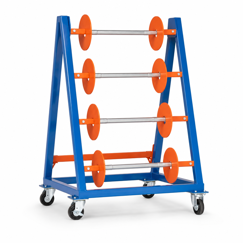 Mobile Steel Reel Rack with Blue & Orange Frame 1090h x 915w