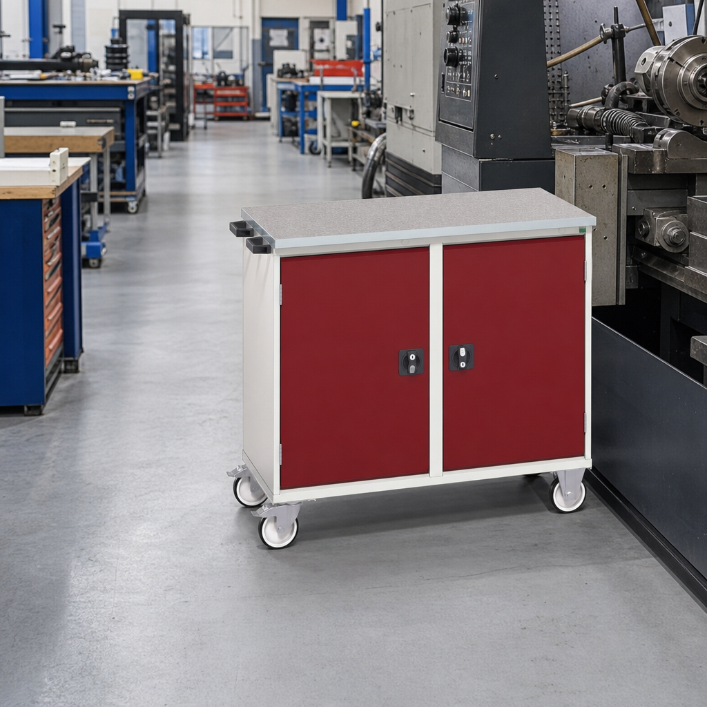 Mobile Steel Tool Storage Cabinet with Linoleum Worktop