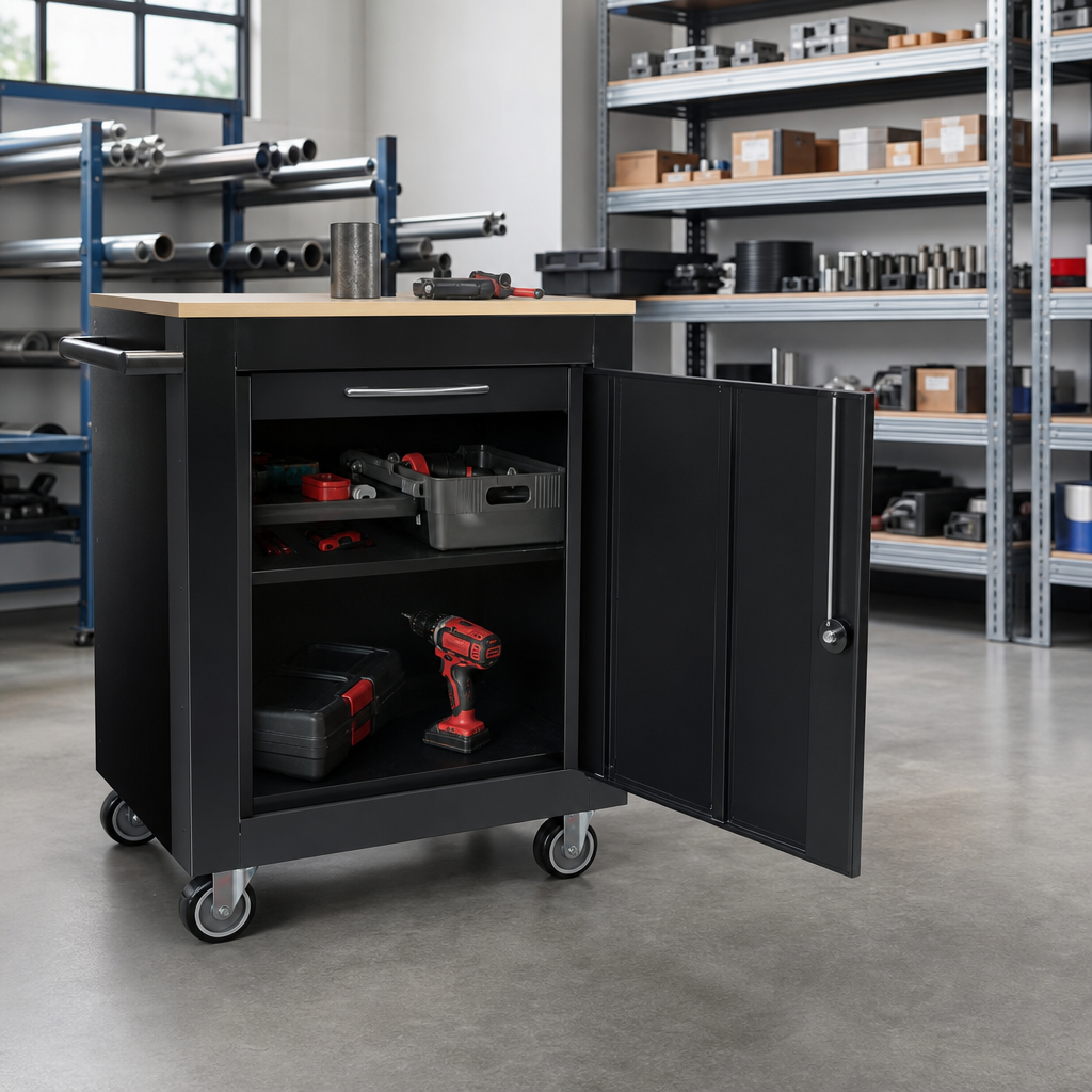Mobile Steel Tool Storage Cabinet with Linoleum Worktop