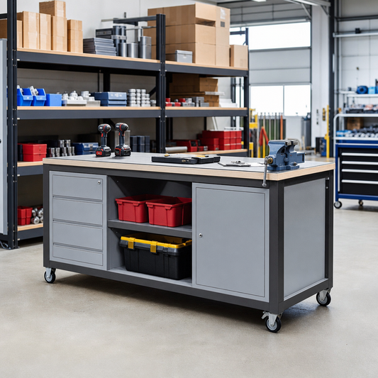Mobile Steel Workbench with Linoleum Worktop and Storage