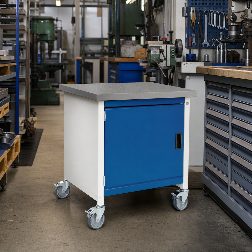 Mobile Steel Workbench with Linoleum Worktop and Storage