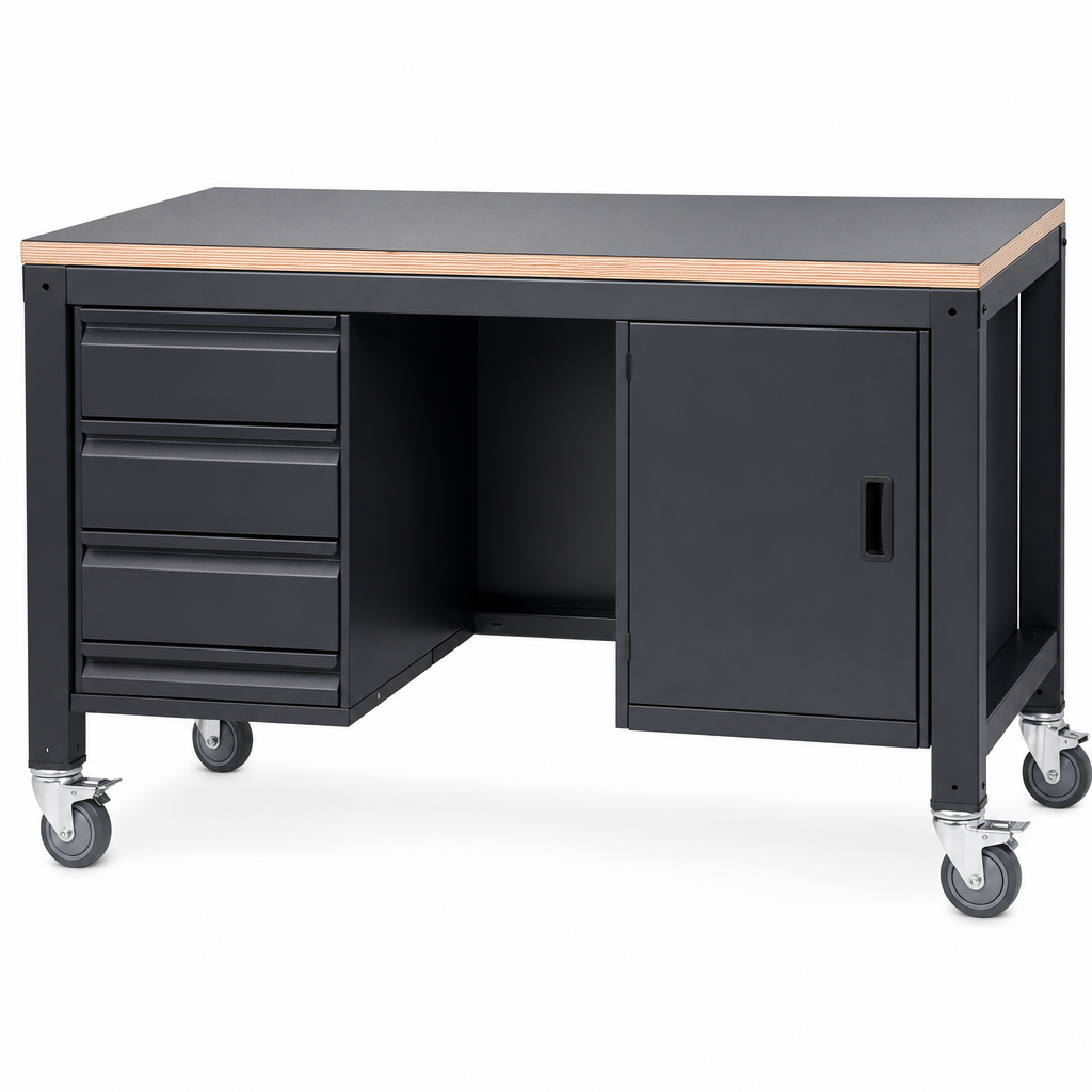 Mobile Steel Workbench with Linoleum Worktop and Storage