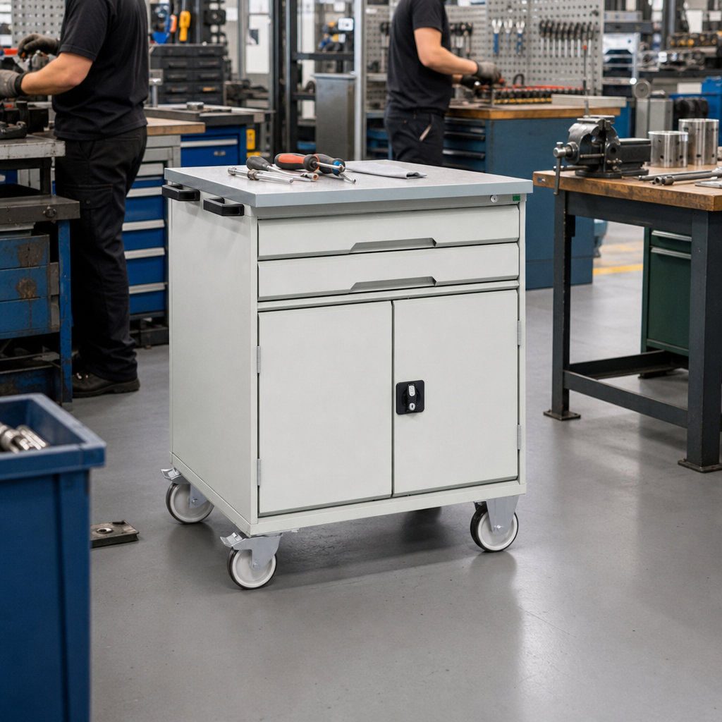 Mobile Tool Storage Cabinet with 2 Drawers and Worktop