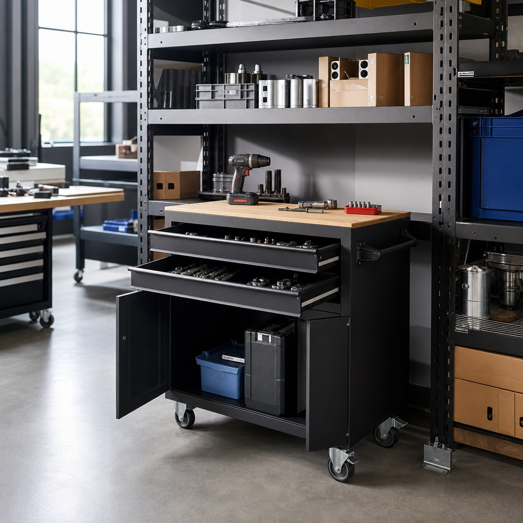 Mobile Tool Storage Cabinet with 2 Drawers and Worktop