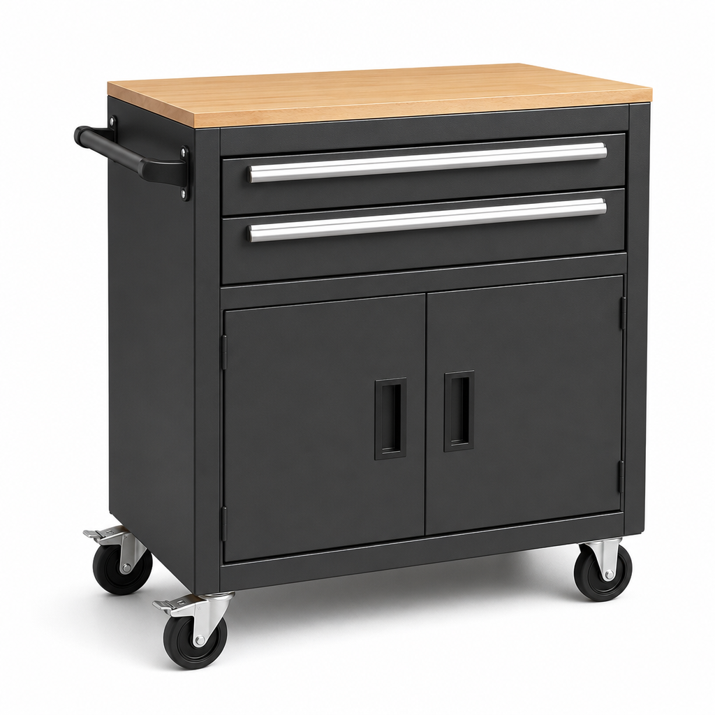 Mobile Tool Storage Cabinet with 2 Drawers and Worktop